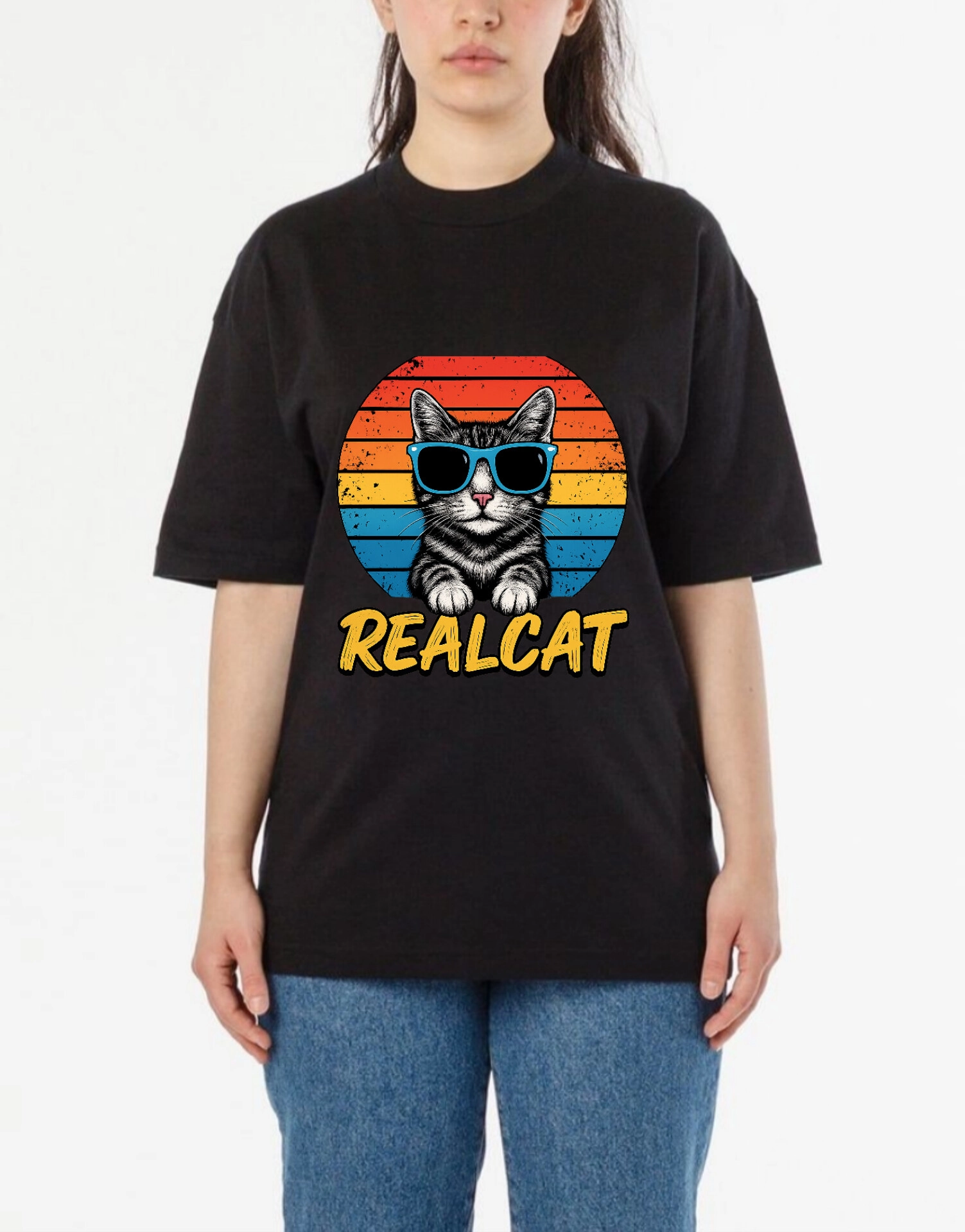تیشرت چاپ گربه REALCAT جنس نخ‌پنبه درجه ی یک قواره لانگ برند آریانا