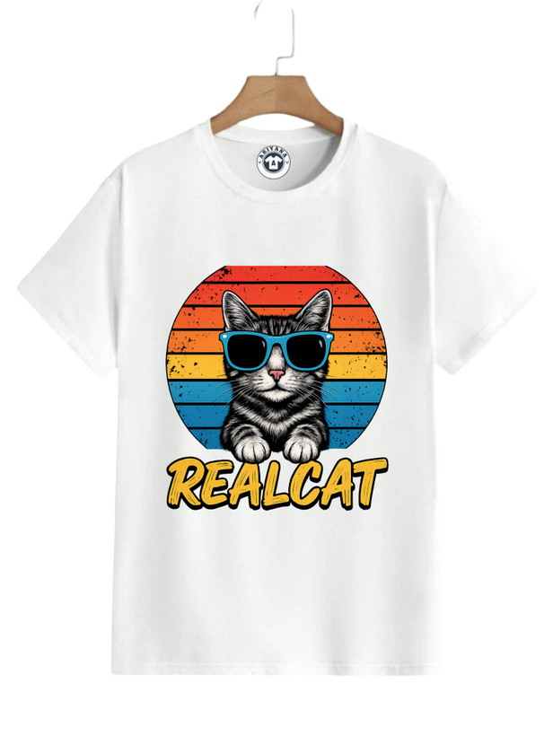 تیشرت چاپ گربه REALCAT جنس نخپنبه درجه ی یک قواره لانگ برند آریانا