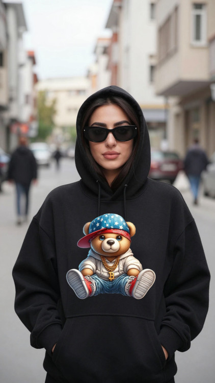 هودی مشکی زنانه چاپ خرس