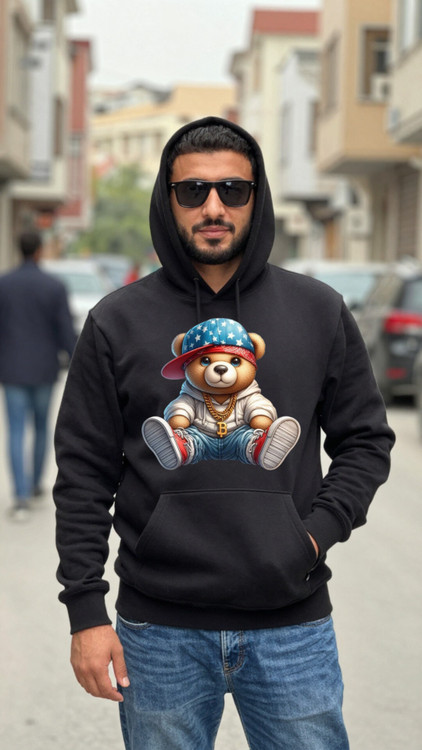 هودی مشکی مردانه چاپ خرس