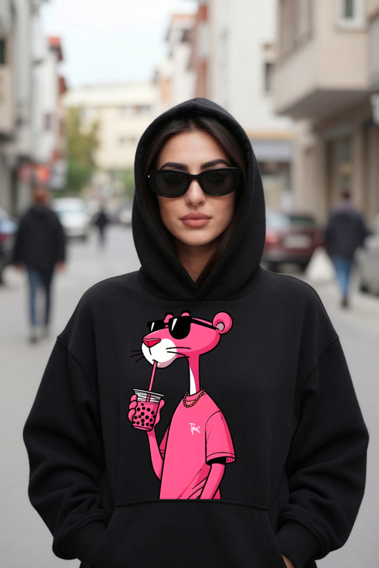 هودی مشکی زنانه پلنگ صورتی