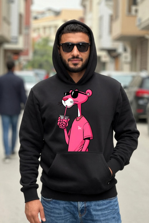 هودی مردانه مشکی پلنگصورتی