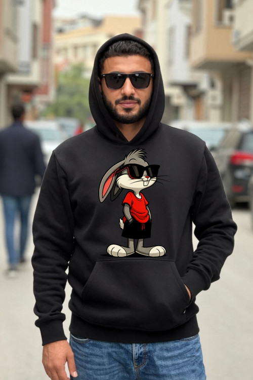 هودی مشکی مردانه چاپ خرگوش باگز بانی