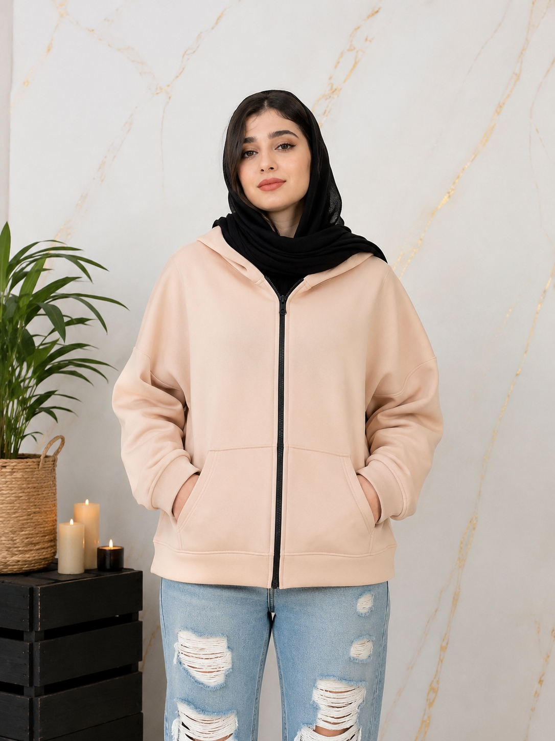سوییشرت بیسیک‌پارچه ساندویچی قواره باکسی رنگ کرمی