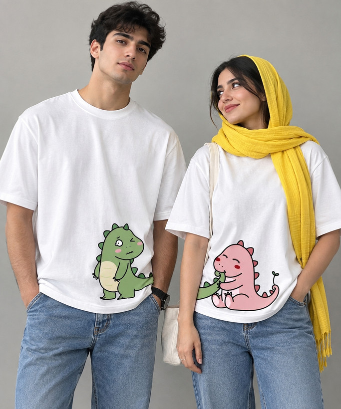 ست تیشرت یونیسکس طرح داینو لاو جنس نخ پنبه