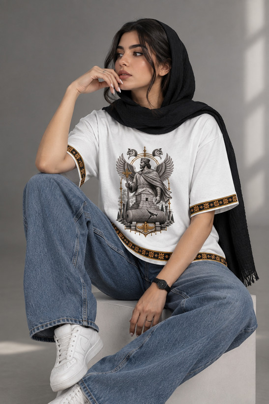 تیشرت سفید یونیسکس طرح کوروش بزرگ جنس نخ پنبه