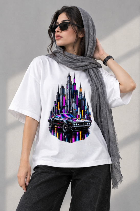 تیشرت یونیسکس طرح neon city car جنس نخ پنبه