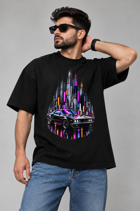 تیشرت یونیسکس طرح neon city car جنس نخ پنبه