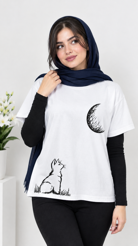 تیشرت یونیسکس طرح گربه و ماه جنس نخ پنبه ۱۰۰ درصد